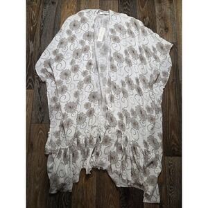 Blu Ivy Floral Kimono Wrap White Brown Ruffle Hem Embroidered Boho Cardigan S/M